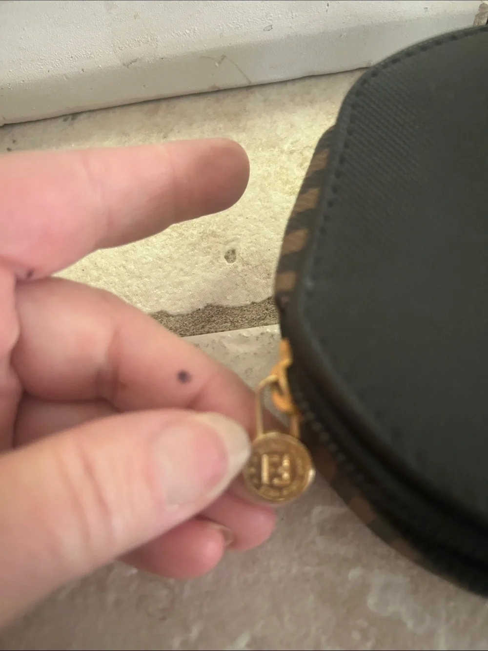 Fendi Black Round Zip Coin Case with Branded Patch